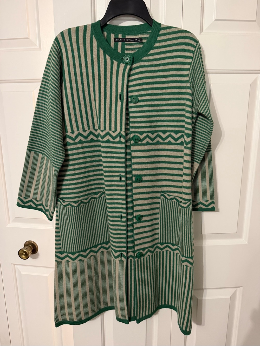 Gudrun Sjöden Green and Cream Striped Knit Coatigan